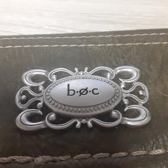 BOC Wallet Faux Leather olive green White Stitch Trim Silver Metal Logo Accent - Picture 2 of 11